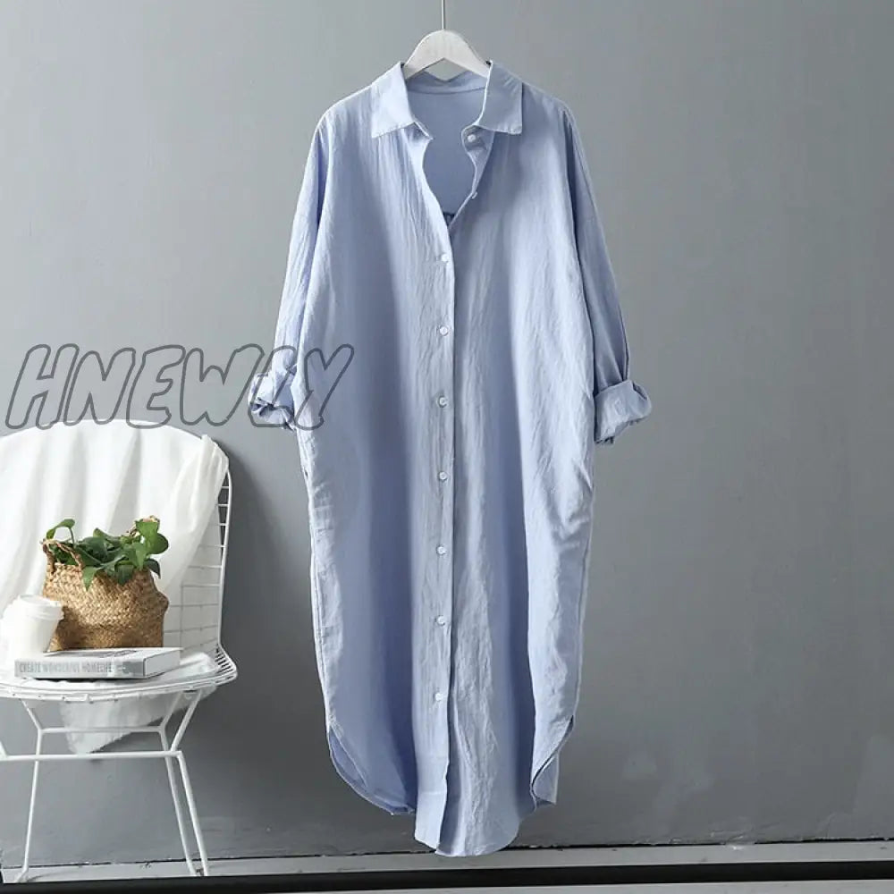 Hnewly Long White Shirt Dress For Women Linen Cotton Spring Summer Casual Korean Clothing Vintage