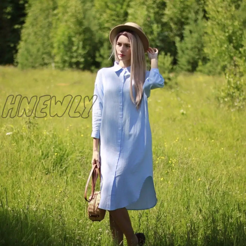 Hnewly Long White Shirt Dress For Women Linen Cotton Spring Summer Casual Korean Clothing Vintage