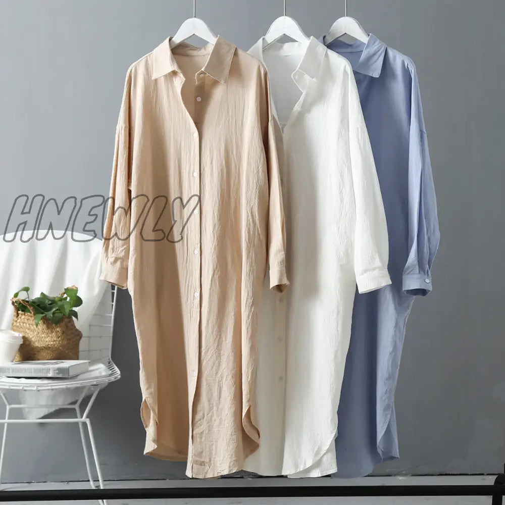 Hnewly Long White Shirt Dress For Women Linen Cotton Spring Summer Casual Korean Clothing Vintage