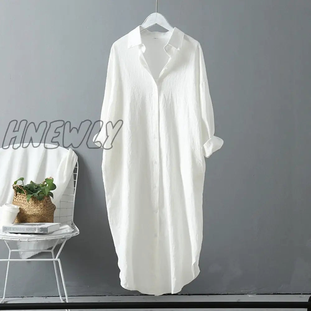 Hnewly Long White Shirt Dress For Women Linen Cotton Spring Summer Casual Korean Clothing Vintage