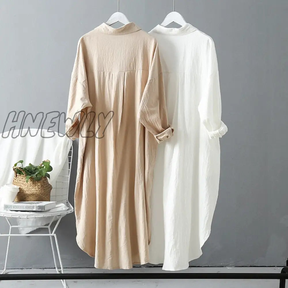 Hnewly Long White Shirt Dress For Women Linen Cotton Spring Summer Casual Korean Clothing Vintage