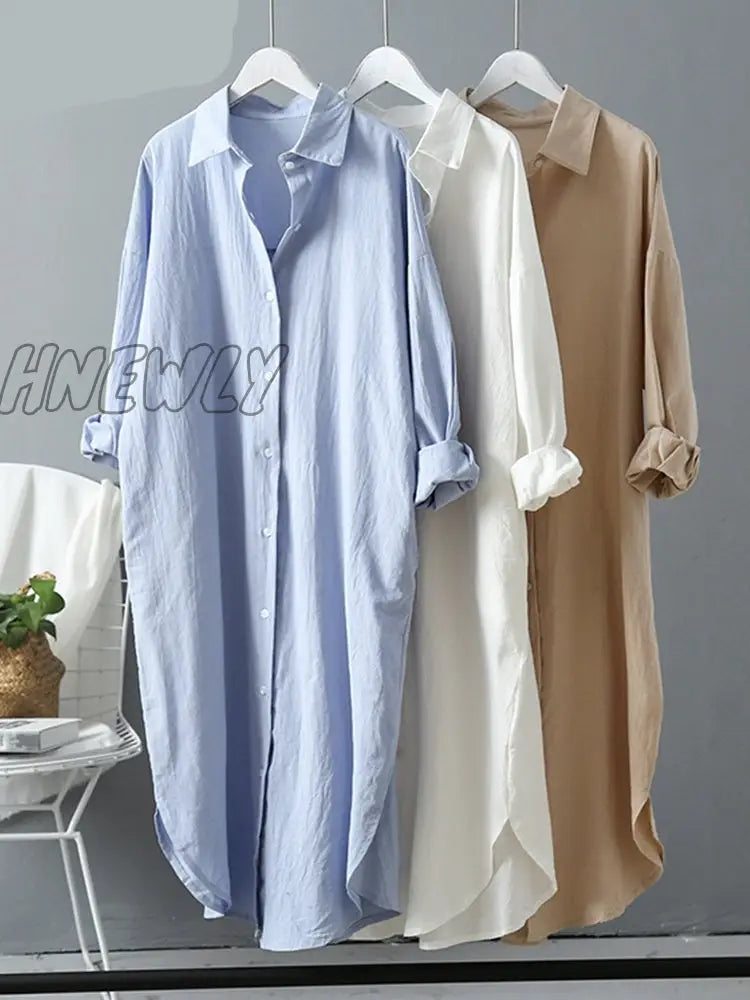 Hnewly Long White Shirt Dress For Women Linen Cotton Spring Summer Casual Korean Clothing Vintage