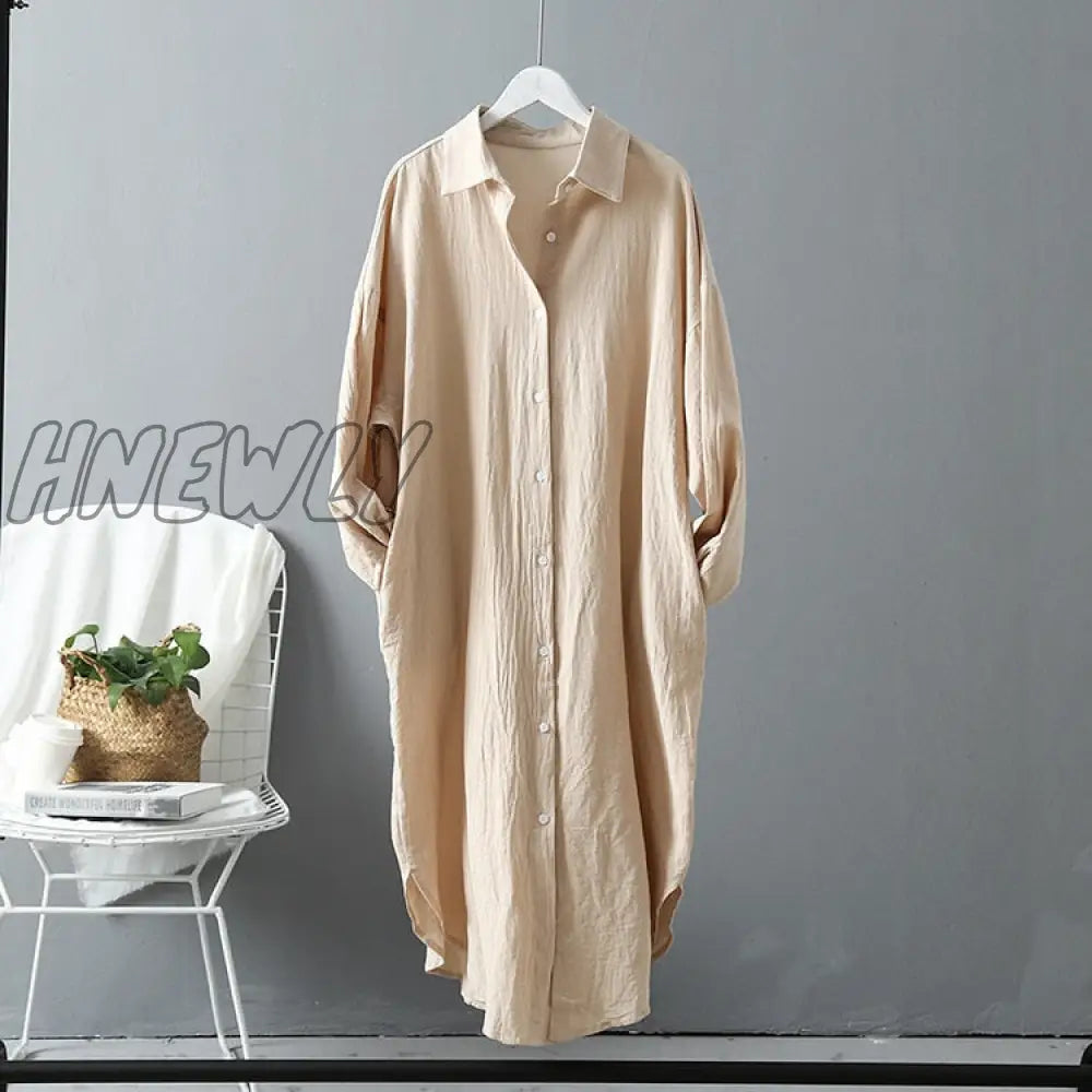 Hnewly Long White Shirt Dress For Women Linen Cotton Spring Summer Casual Korean Clothing Vintage