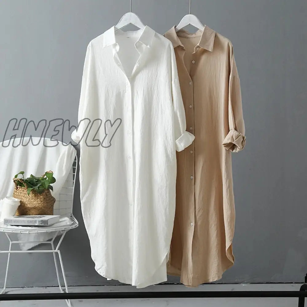 Hnewly Long White Shirt Dress For Women Linen Cotton Spring Summer Casual Korean Clothing Vintage