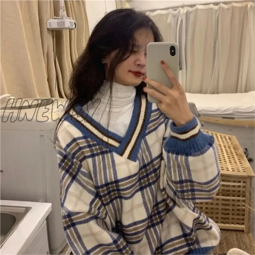 Hnewly Loose Chic Plaid Spring Hoodies New Korean V-Neck Tops Ins Harajuku Vintage Bf Simple