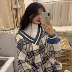 Hnewly Loose Chic Plaid Spring Hoodies New Korean V-Neck Tops Ins Harajuku Vintage Bf Simple