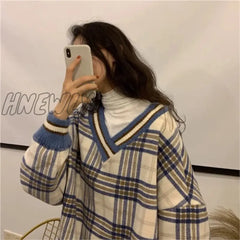 Hnewly Loose Chic Plaid Spring Hoodies New Korean V-Neck Tops Ins Harajuku Vintage Bf Simple
