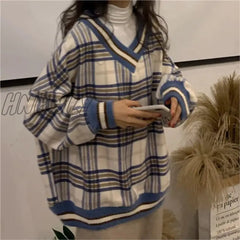 Hnewly Loose Chic Plaid Spring Hoodies New Korean V-Neck Tops Ins Harajuku Vintage Bf Simple