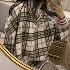 Hnewly Loose Chic Plaid Spring Hoodies New Korean V-Neck Tops Ins Harajuku Vintage Bf Simple