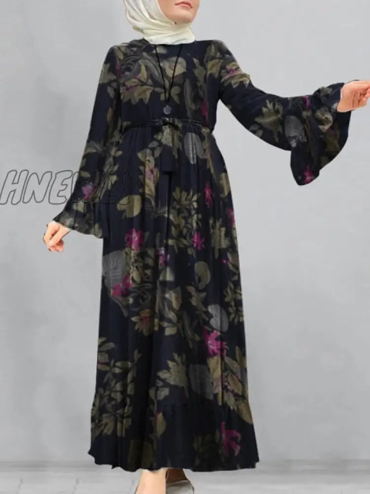 Hnewly Loose Robe Casual Sleeve Long Sundress Women Print Maxi Dresses Spring Ladies Vestidos