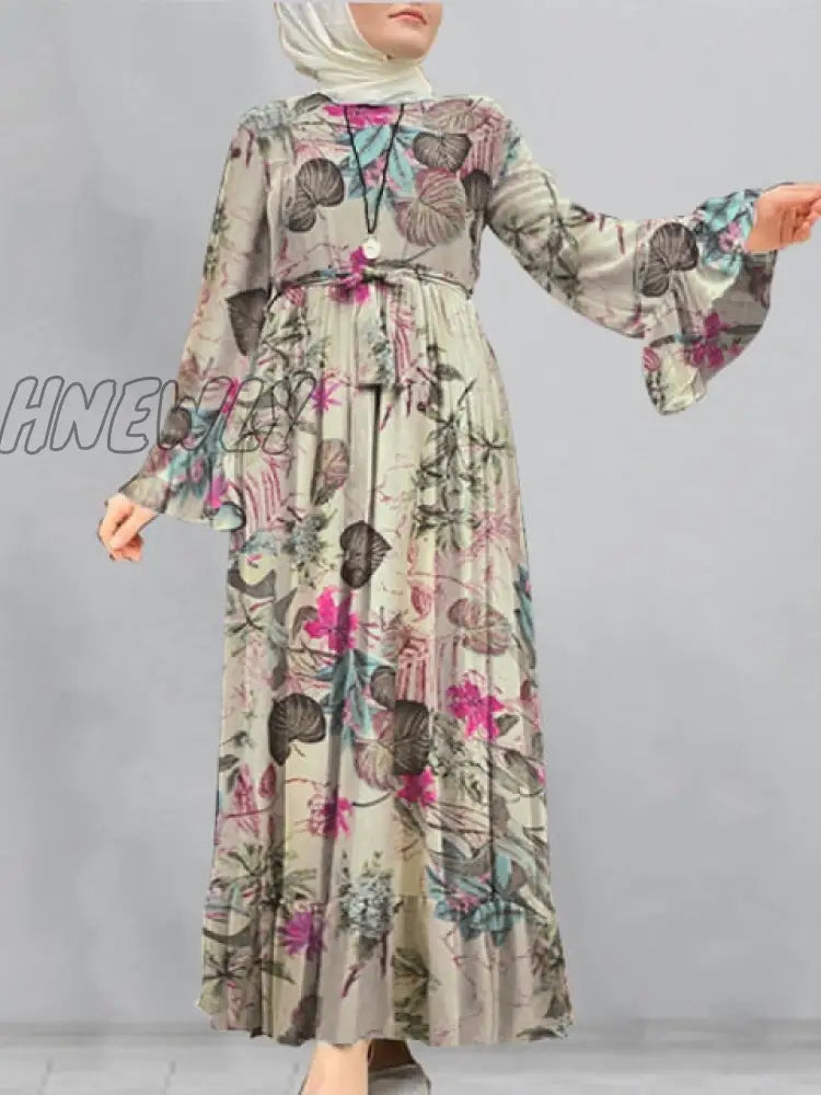 Hnewly Loose Robe Casual Sleeve Long Sundress Women Print Maxi Dresses Spring Ladies Vestidos