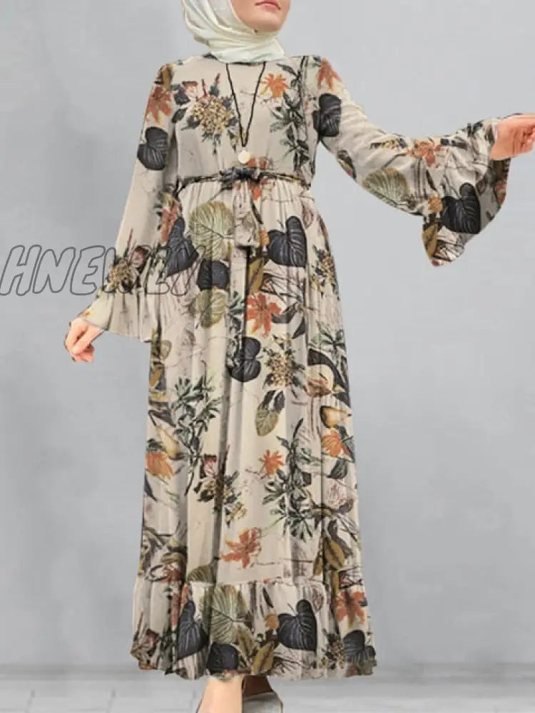 Hnewly Loose Robe Casual Sleeve Long Sundress Women Print Maxi Dresses Spring Ladies Vestidos