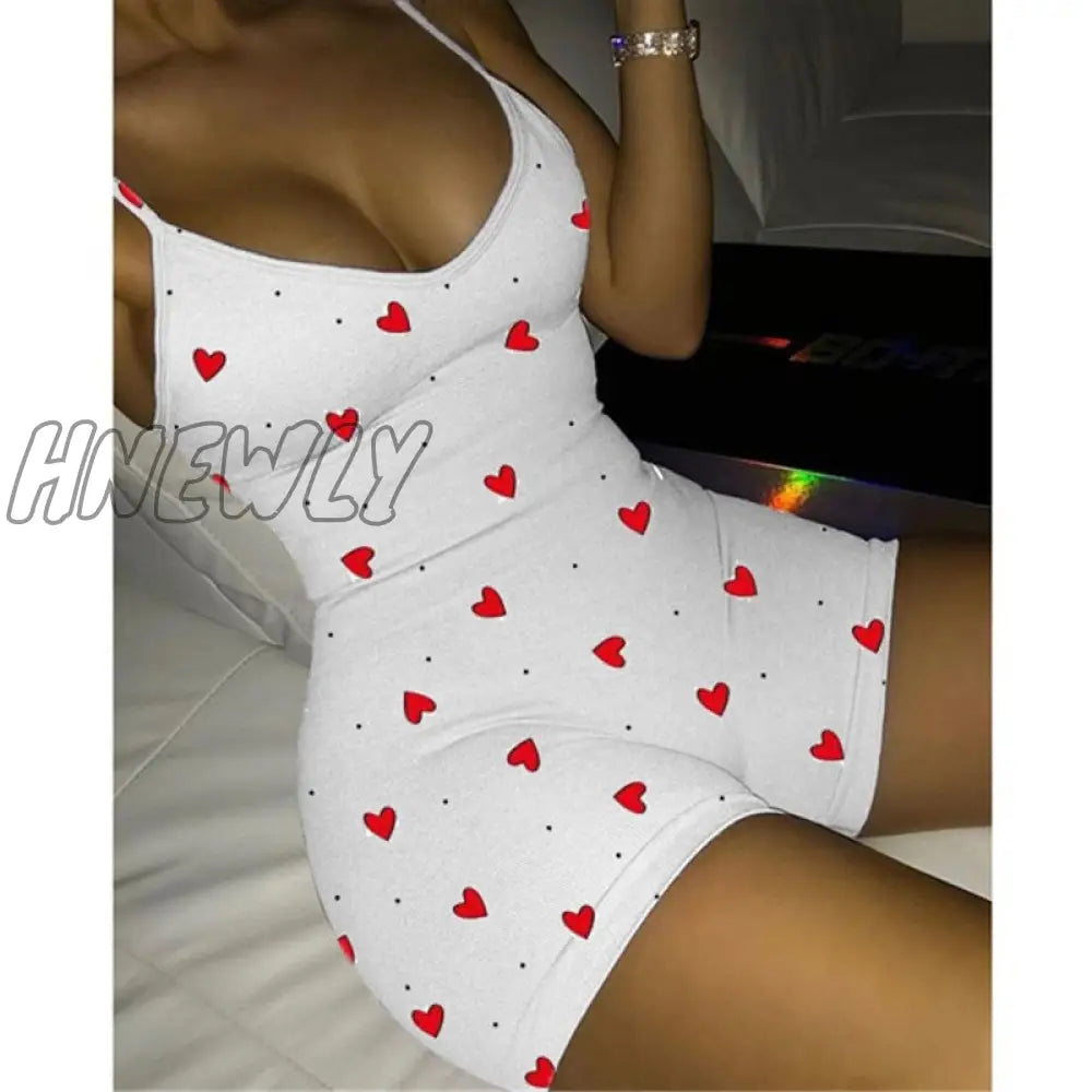 Hnewly Lovely Heart Bodysuit For Women Sexy Club V-Neck Sleeveless Rompers Ladies Summer Bodycon