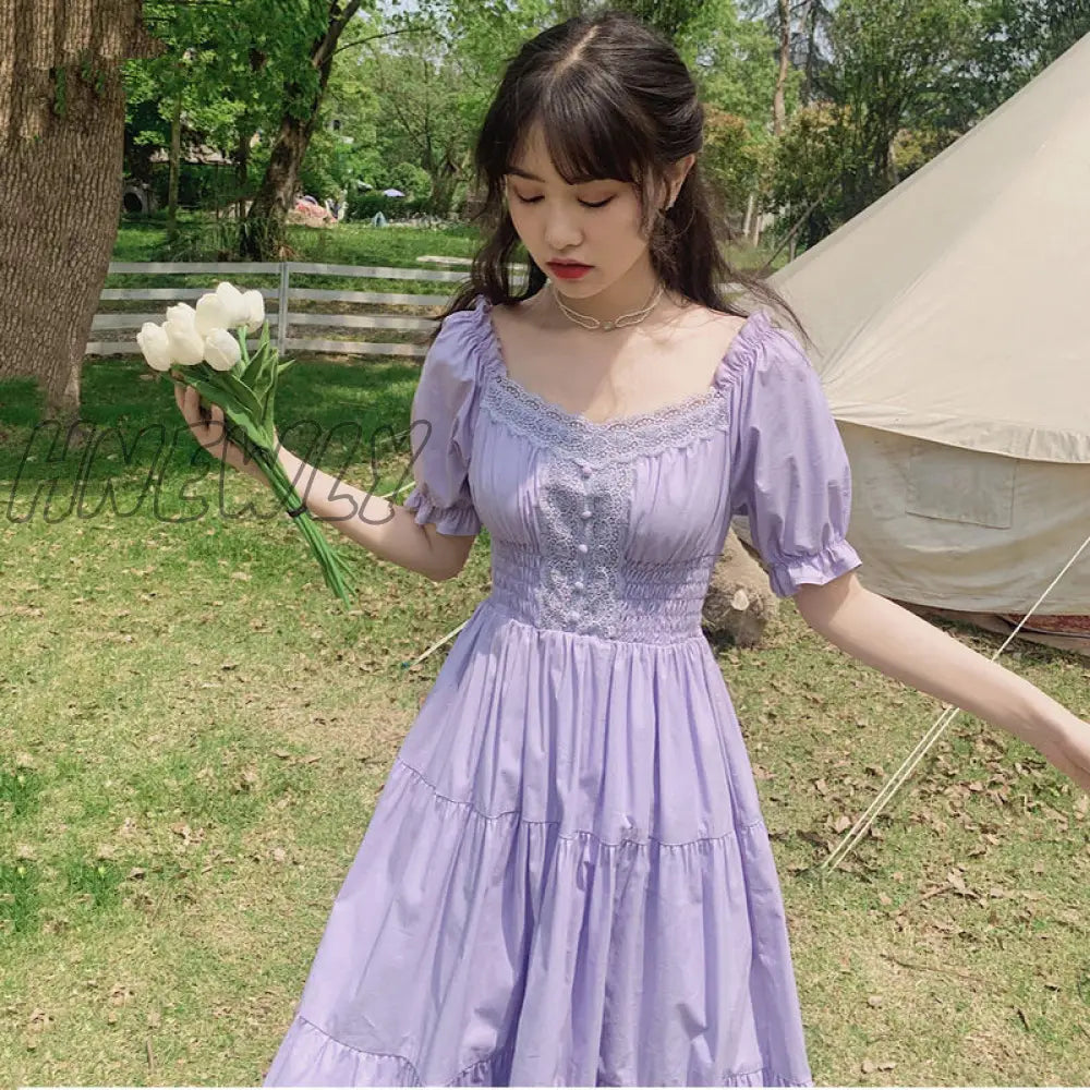 Hnewly Lucyever French Style Waist-Tight White Dress Women Elegant Lace Square Collar Long Woman