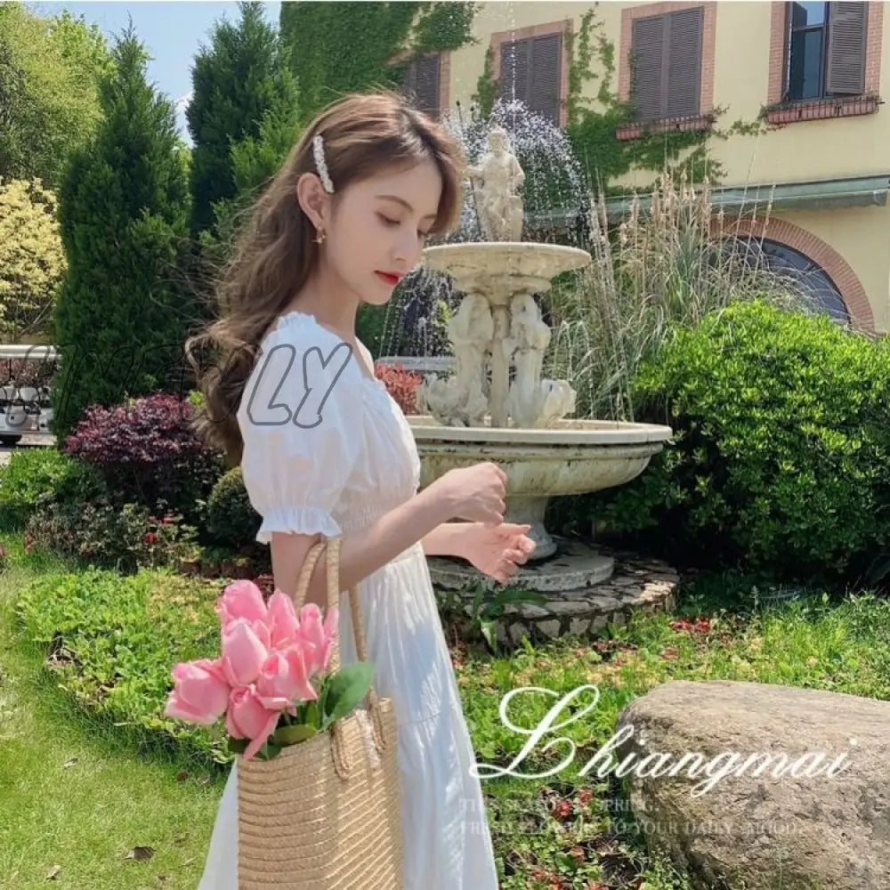 Hnewly Lucyever French Style Waist-Tight White Dress Women Elegant Lace Square Collar Long Woman