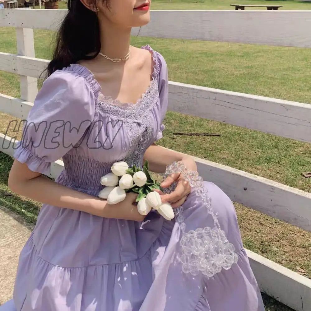Hnewly Lucyever French Style Waist-Tight White Dress Women Elegant Lace Square Collar Long Woman