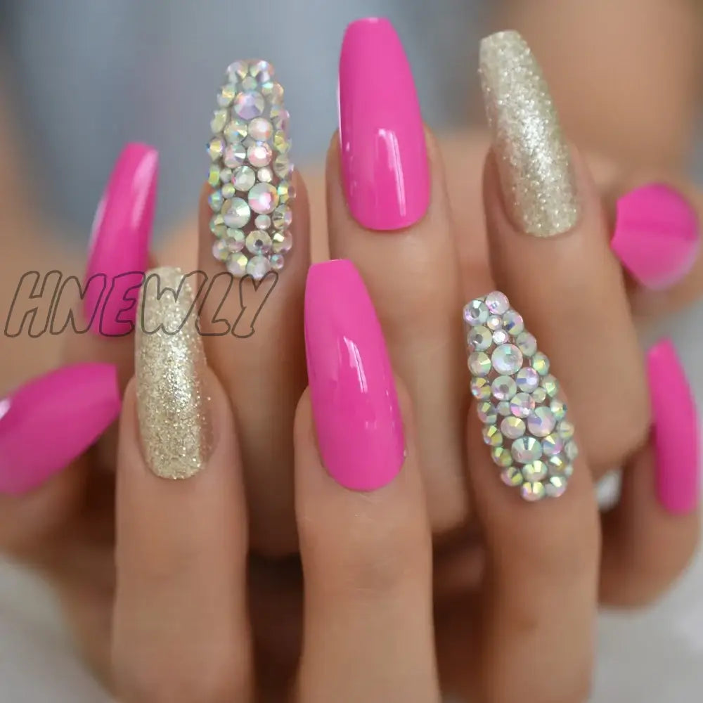 Hnewly Luxury 3D Ab Crystal Rhinestone Diamond French Coffin False Nails Glossy Pink Nude Super