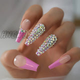 Hnewly Luxury 3D Ab Crystal Rhinestone Diamond French Coffin False Nails Glossy Pink Nude Super