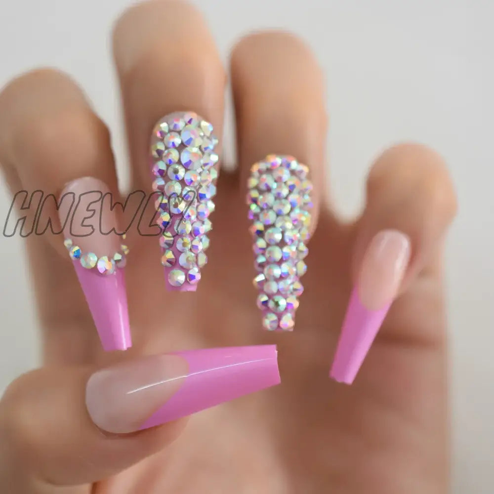 Hnewly Luxury 3D Ab Crystal Rhinestone Diamond French Coffin False Nails Glossy Pink Nude Super