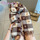 Hnewly Luxury Brand Women Knitted Heart-Pattern Plaid Scarf Lovey Girl Winter Warm Scarves College