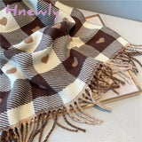 Hnewly Luxury Brand Women Knitted Heart-Pattern Plaid Scarf Lovey Girl Winter Warm Scarves College