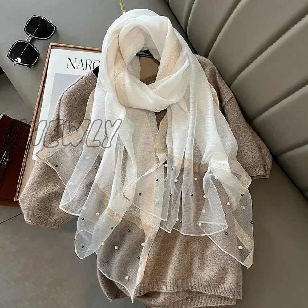 Hnewly Luxury Brand Women Scarf Thin Summer Lady Beach Shawl Scarves With Pearl Muslim Fashion