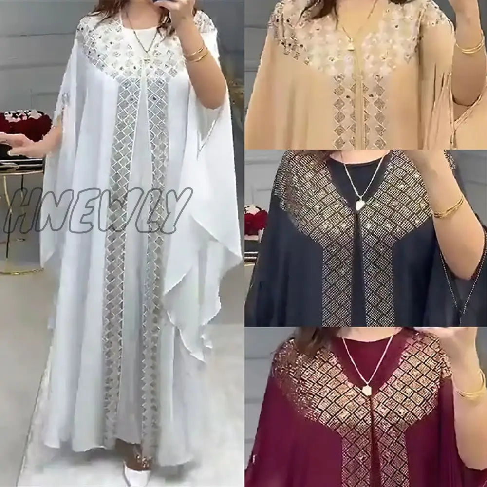 Hnewly Luxury Rhinestones African Dress For Women Kaftan Clothing Robe Femme Chiffon Evening Long