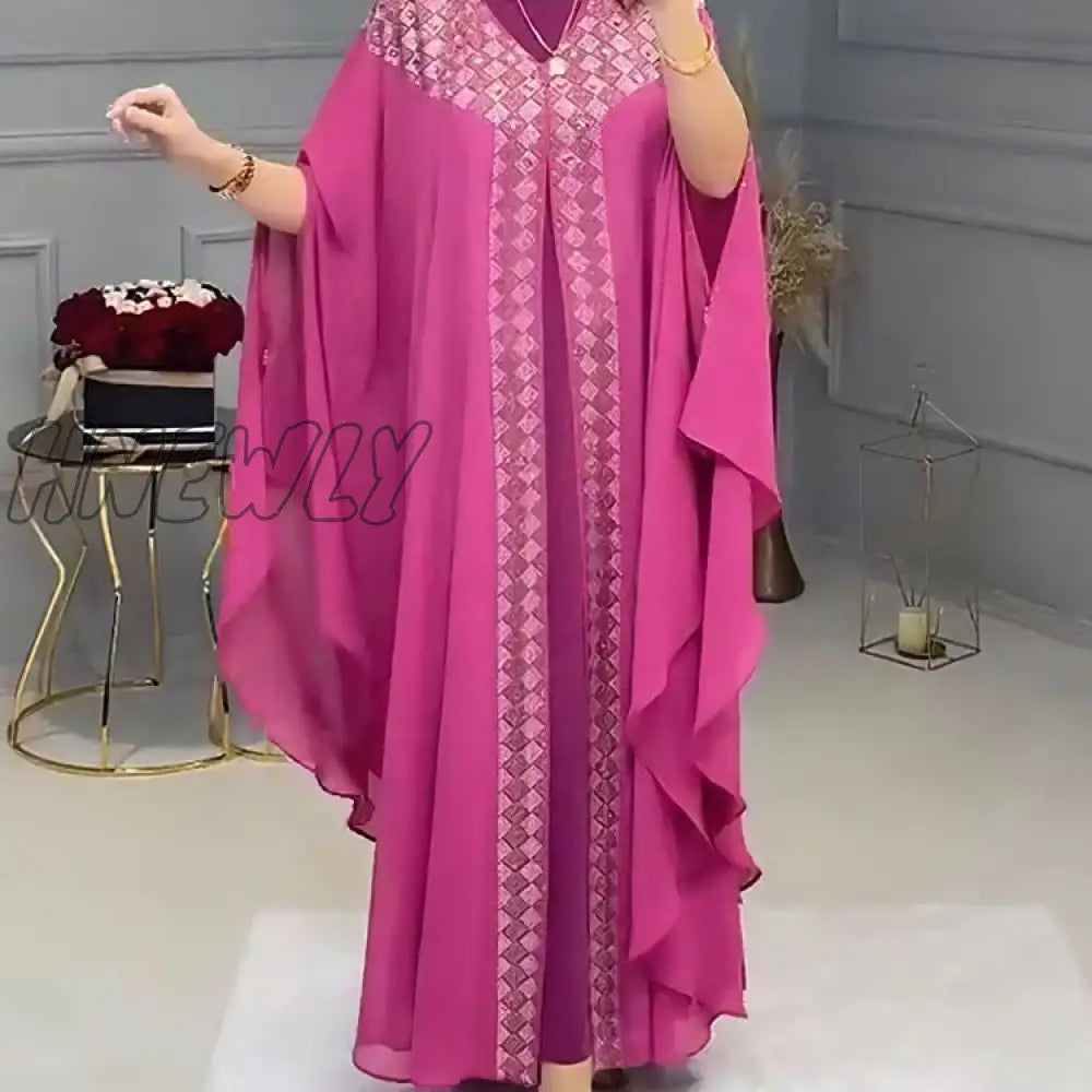 Hnewly Luxury Rhinestones African Dress For Women Kaftan Clothing Robe Femme Chiffon Evening Long