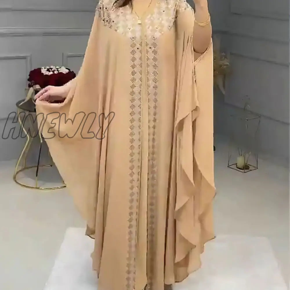 Hnewly Luxury Rhinestones African Dress For Women Kaftan Clothing Robe Femme Chiffon Evening Long