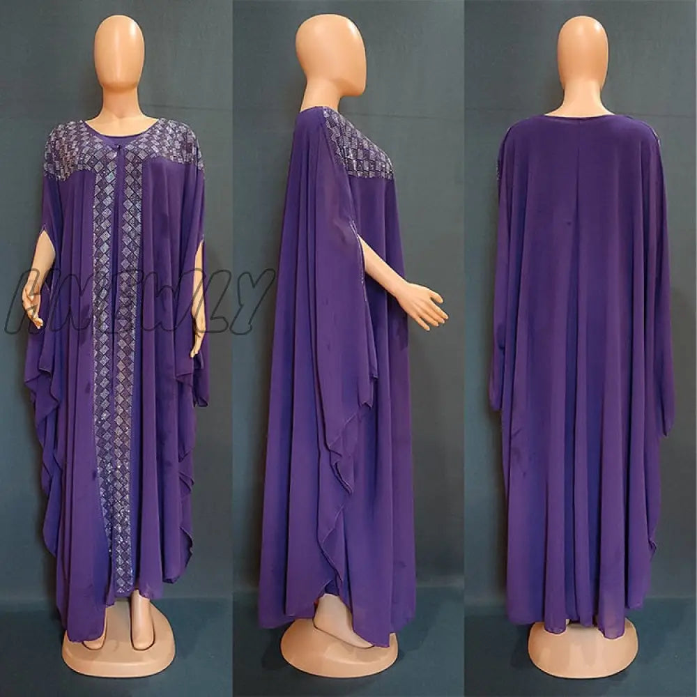 Hnewly Luxury Rhinestones African Dress For Women Kaftan Clothing Robe Femme Chiffon Evening Long