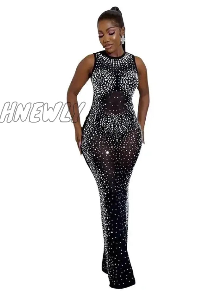 Hnewly Luxury Sparkly Crystal Rhinestone Christmas Evening Bodycon Long Dress Women’s Mesh See