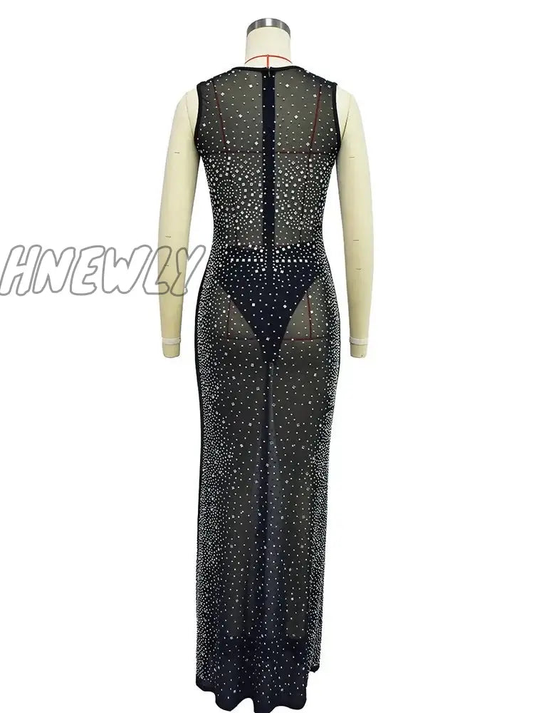 Hnewly Luxury Sparkly Crystal Rhinestone Christmas Evening Bodycon Long Dress Women’s Mesh See