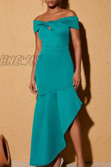 Hnewly - Malachite Green Sexy Celebrities Formal Solid Asymmetrical Off The Shoulder Evening Dress