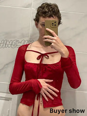 Hnewly Mesh Cyber Y2K Bandage Sexy Casual T-Shirts Gothic Punk Square Neck Skinny Crop Tops Women