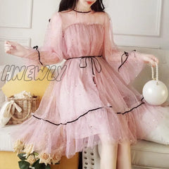 Hnewly Mesh Dresses Women Patchwork Sequined Holiday O-Neck Spring Korean Style Elegant Vestido