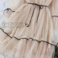 Hnewly Mesh Dresses Women Patchwork Sequined Holiday O-Neck Spring Korean Style Elegant Vestido