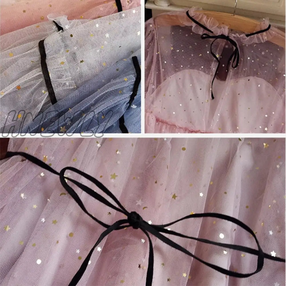 Hnewly Mesh Dresses Women Patchwork Sequined Holiday O-Neck Spring Korean Style Elegant Vestido