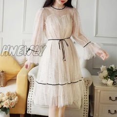 Hnewly Mesh Dresses Women Patchwork Sequined Holiday O-Neck Spring Korean Style Elegant Vestido