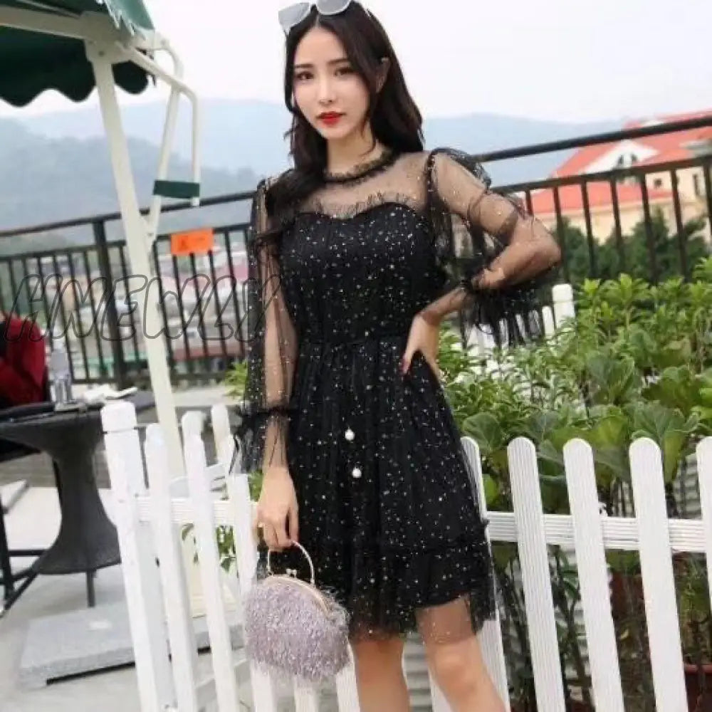 Hnewly Mesh Dresses Women Patchwork Sequined Holiday O-Neck Spring Korean Style Elegant Vestido