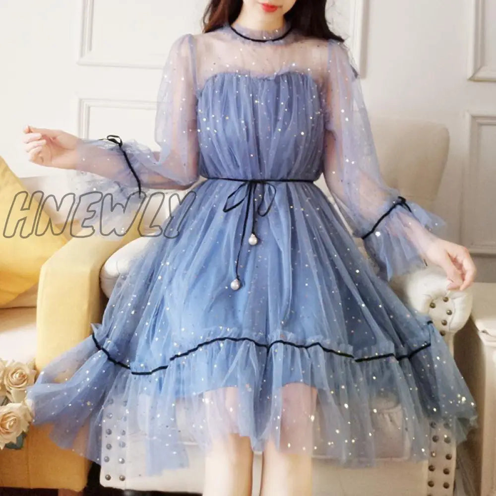 Hnewly Mesh Dresses Women Patchwork Sequined Holiday O-Neck Spring Korean Style Elegant Vestido