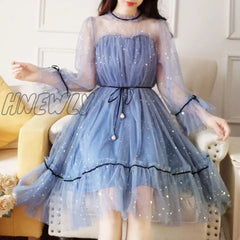 Hnewly Mesh Dresses Women Patchwork Sequined Holiday O-Neck Spring Korean Style Elegant Vestido