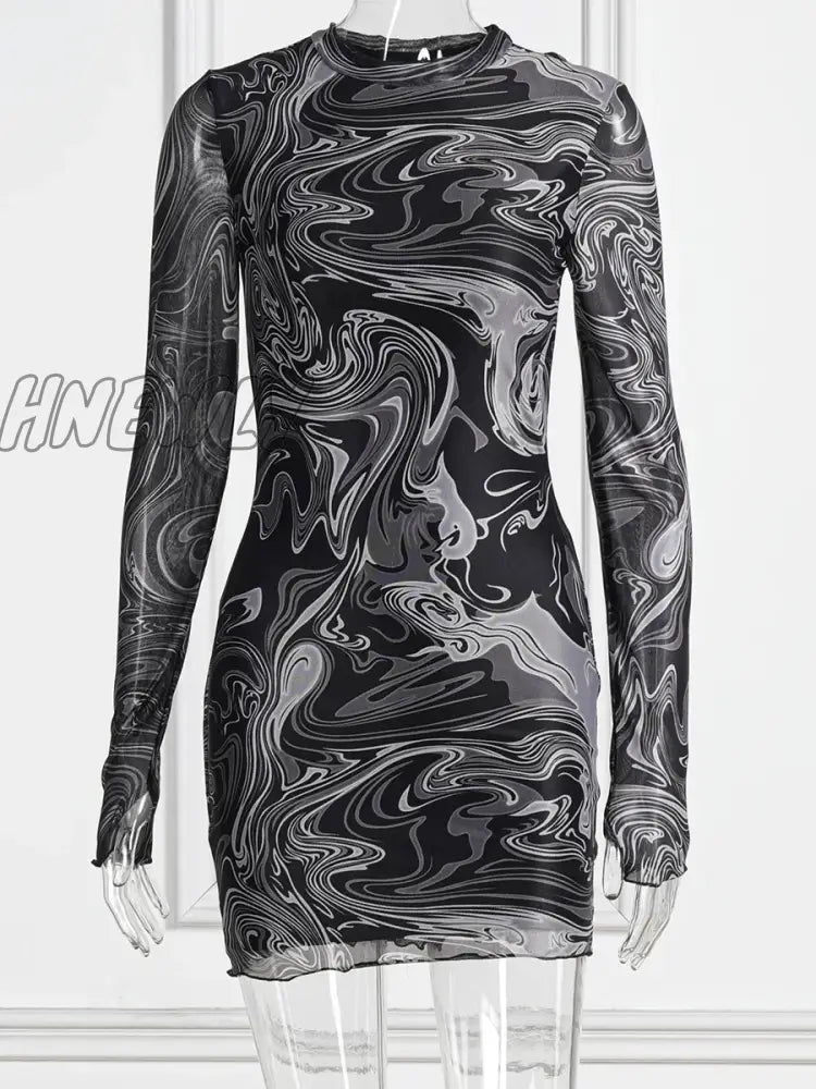 Hnewly Mesh Print Sexy Mini Dress O Neck Long Sleeve Slim See Through Streetwear Retro Dresses For