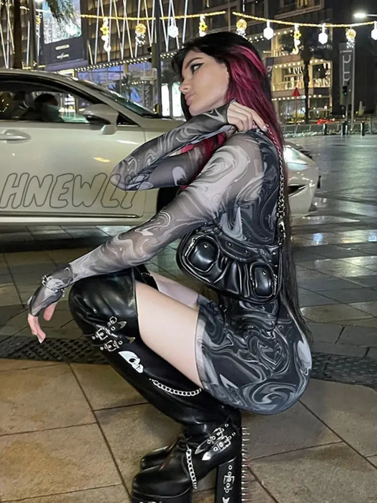Hnewly Mesh Print Sexy Mini Dress O Neck Long Sleeve Slim See Through Streetwear Retro Dresses For