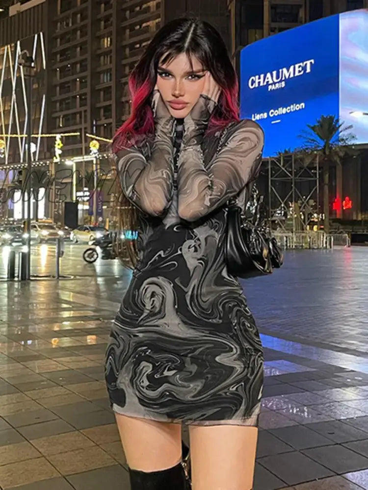 Hnewly Mesh Print Sexy Mini Dress O Neck Long Sleeve Slim See Through Streetwear Retro Dresses For