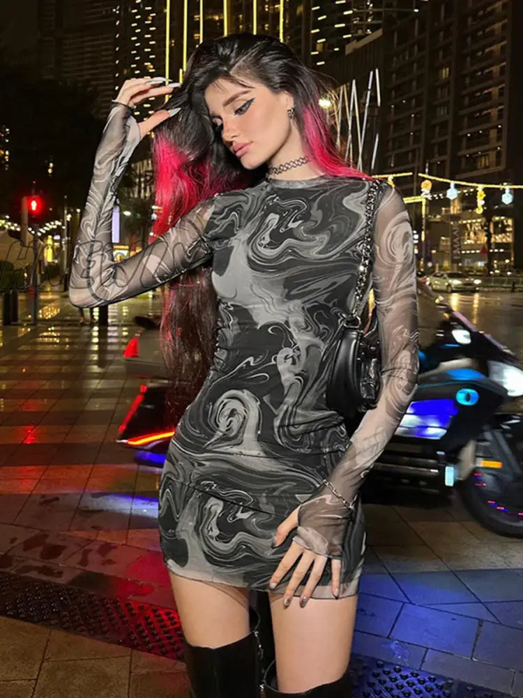 Hnewly Mesh Print Sexy Mini Dress O Neck Long Sleeve Slim See Through Streetwear Retro Dresses For