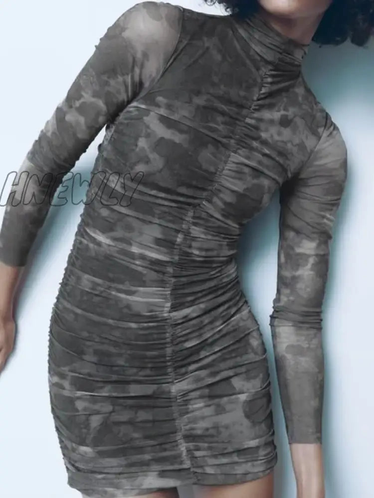 Hnewly Mesh Print Sexy Mini Dress O Neck Long Sleeve Slim See Through Streetwear Retro Dresses For