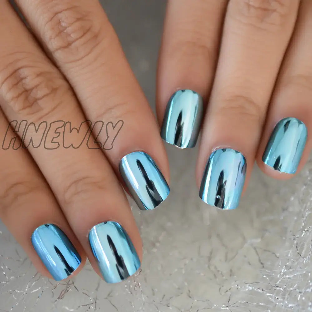 Hnewly Metallic Square Short Length Dating Press On Nails Women Or Girl Artficial Fashion Stick