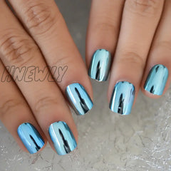 Hnewly Metallic Square Short Length Dating Press On Nails Women Or Girl Artficial Fashion Stick