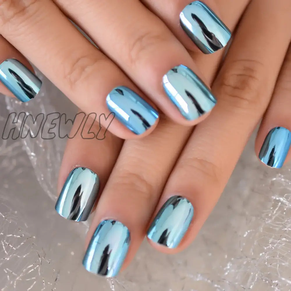 Hnewly Metallic Square Short Length Dating Press On Nails Women Or Girl Artficial Fashion Stick