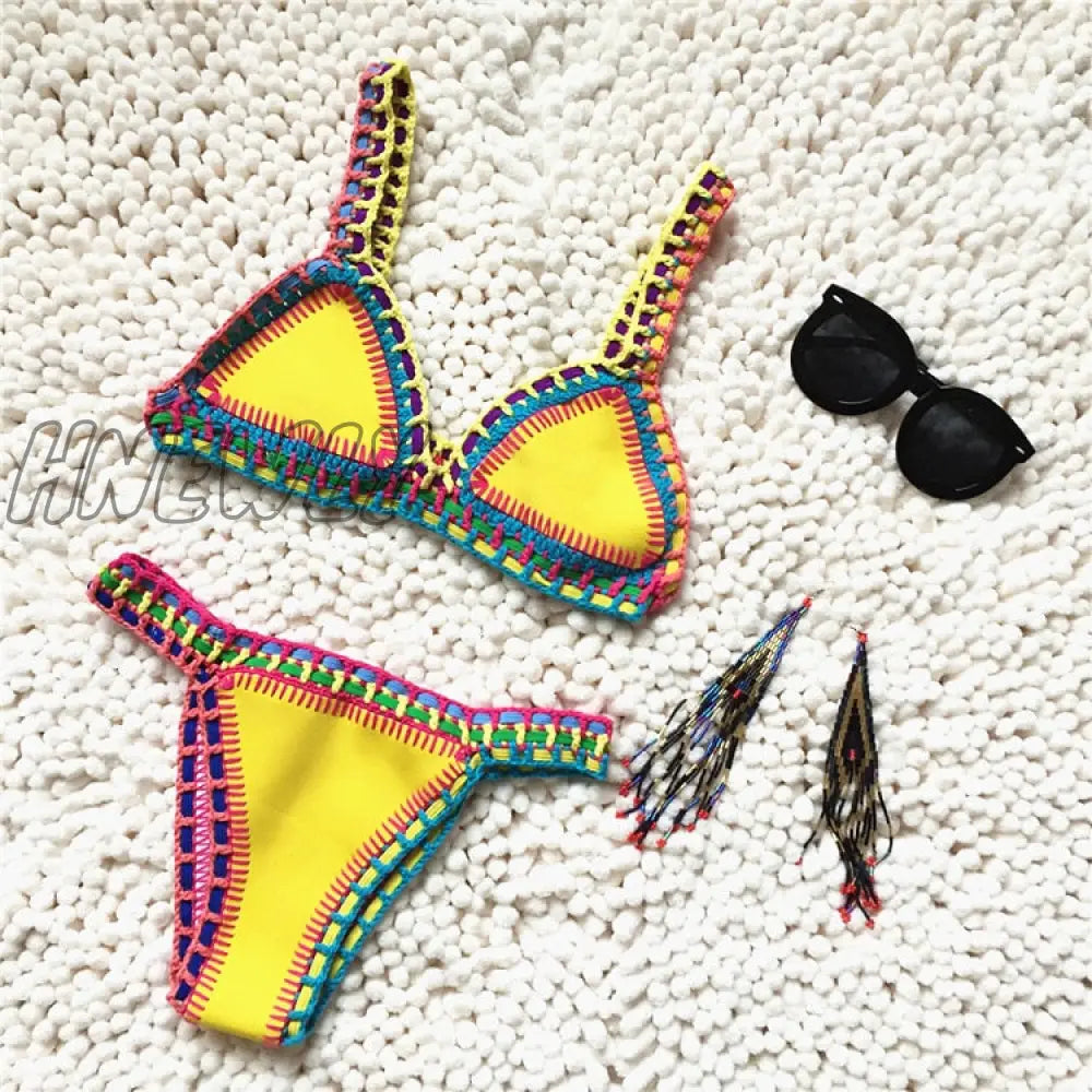 Hnewly Micro Bikini Women Handmade Crochet Knit Swimwear Halter Patchwork Bathing Suit Swimsuit